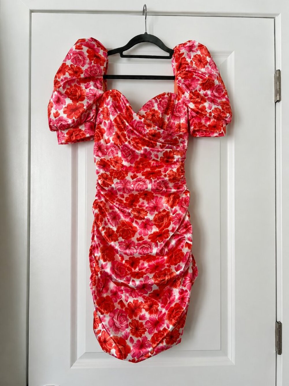 Oh Polly In Full Bloom Bardot Puff Sleeve Satin Mini Dress Red Floral US 2